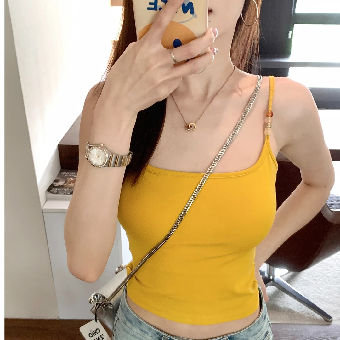 辣妹固定杯带胸垫串珠吊带背心女夏季纯欲百搭露背扭结气质上衣