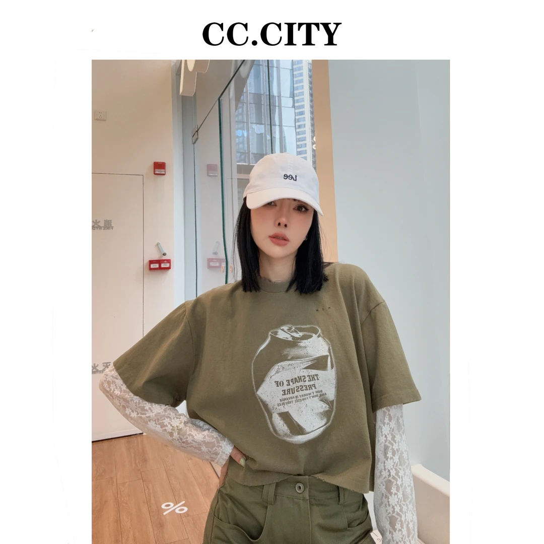 【蔡丽丽 & 添羽 】时尚洋气个性洗水棉拼接蕾丝假两件上衣W9196