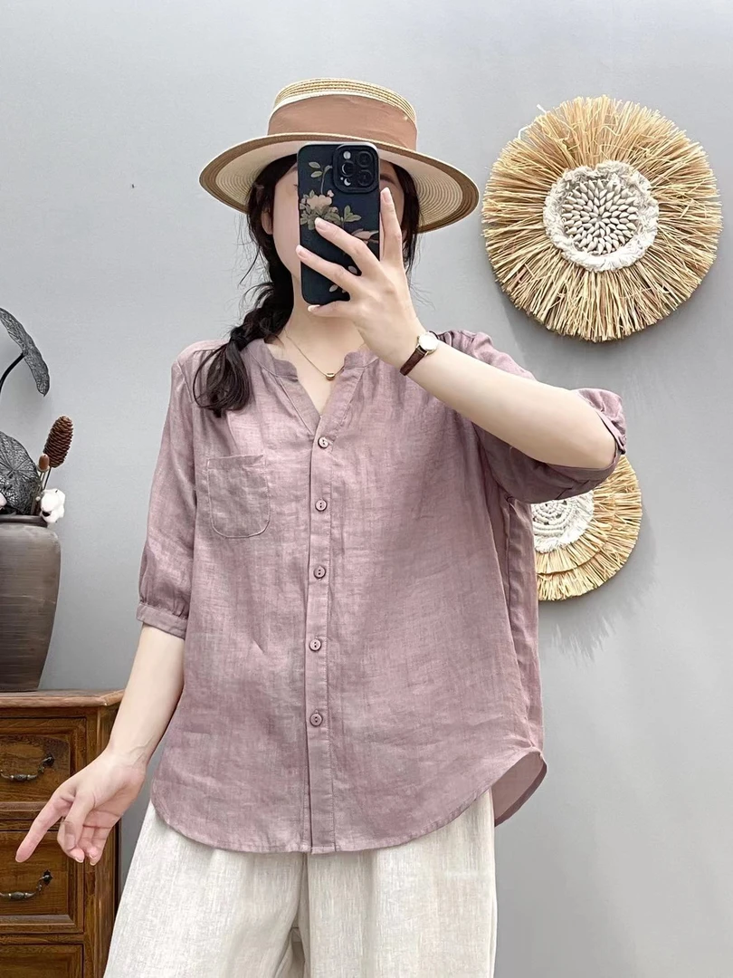 【小V领 苎麻】夏季斜纹纯苎麻小V领设计衬衫女薄款百搭宽松6549
