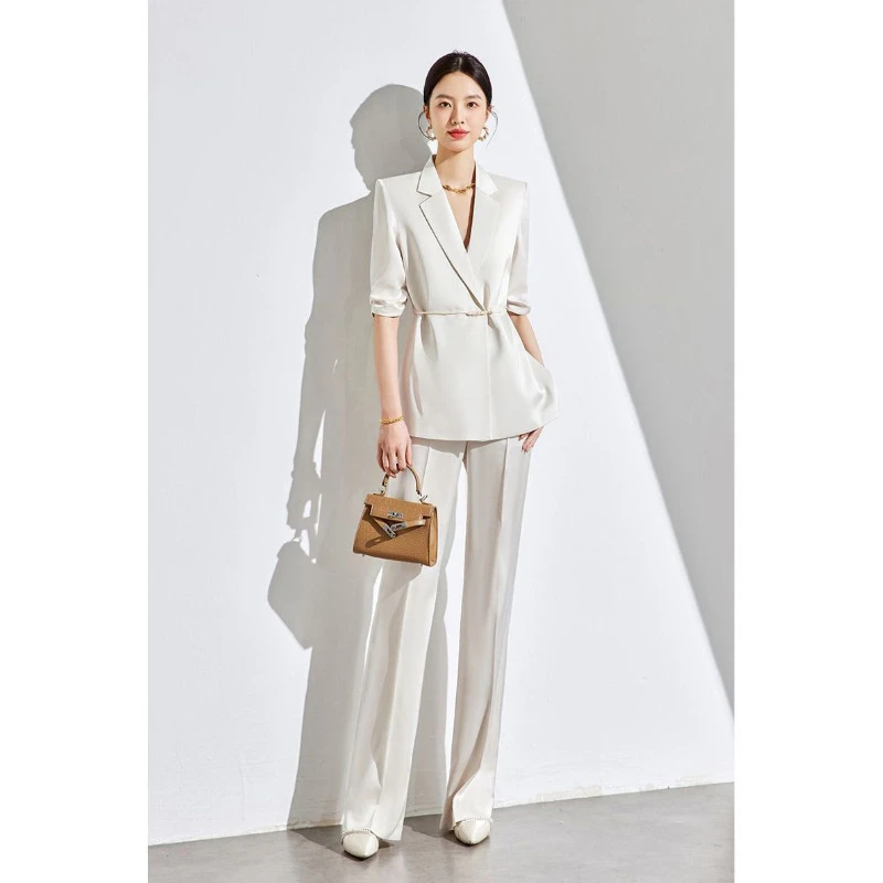 a新中式国风套装夏季薄款高级醋酸白色西服外套西装套装女2025新