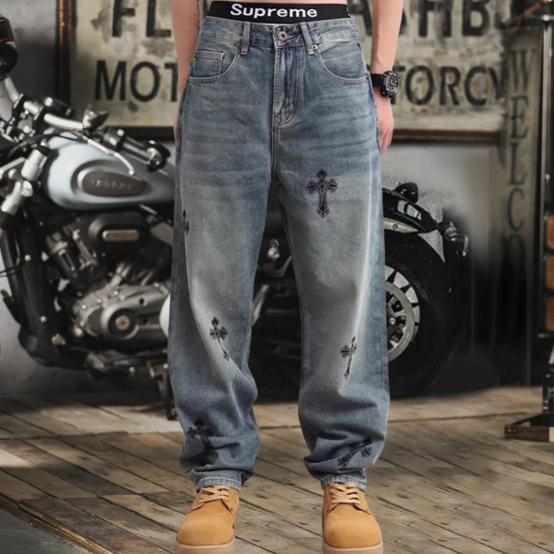 春秋印花新款牛仔裤男士做旧个性十字架宽松直筒裤复古百搭阔腿裤