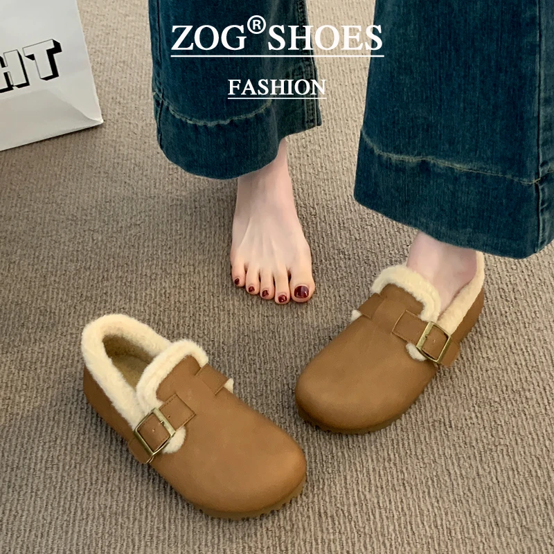 皮面勃肯鞋女2025新款秋冬季加绒乐福鞋一脚蹬博肯雪地靴豆豆棉鞋