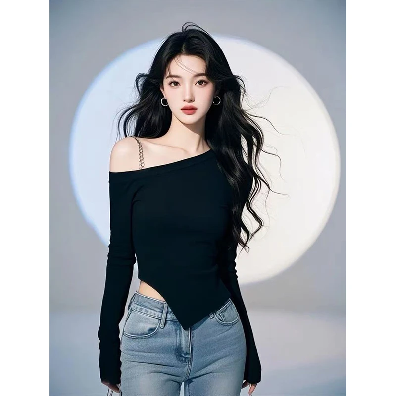 纯欲风设计感不规则长袖T恤女春秋2025新款黑色辣妹露肩修身上衣