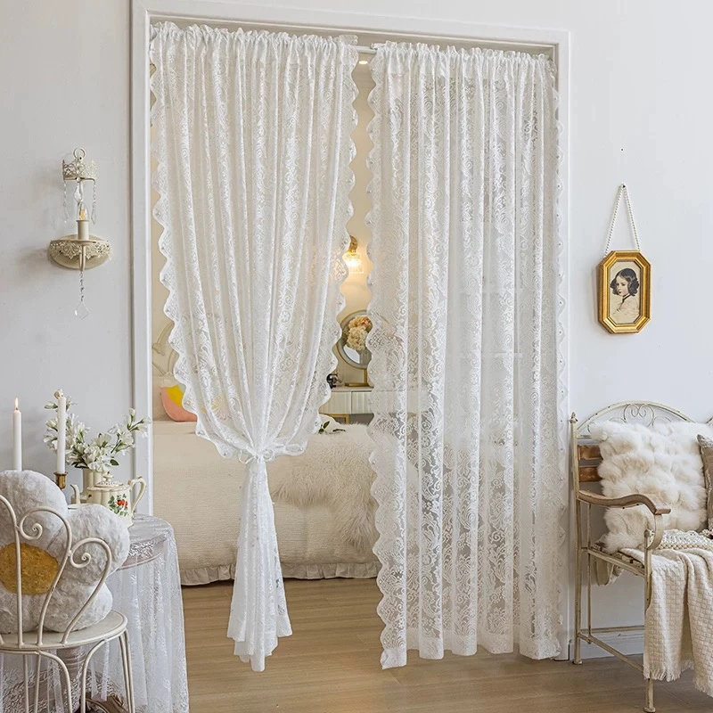 【守绣】蕾丝布艺门帘免打孔透光穿杆窗帘法式欧式浪漫网纱透气