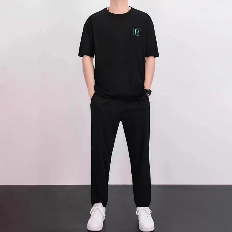 青少年潮流宽松短袖T恤搭配直筒长裤两件套夏季薄款休闲运动套装
