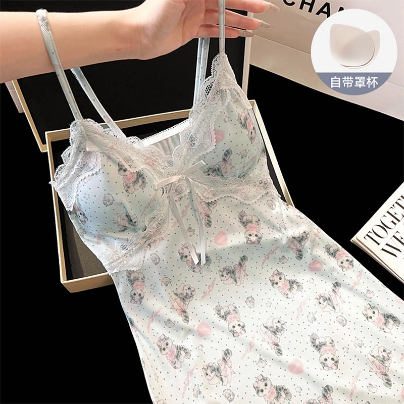 冰丝无袖睡衣女夏季带胸垫日系性感蕾丝边波点猫咪吊带睡裙家居服