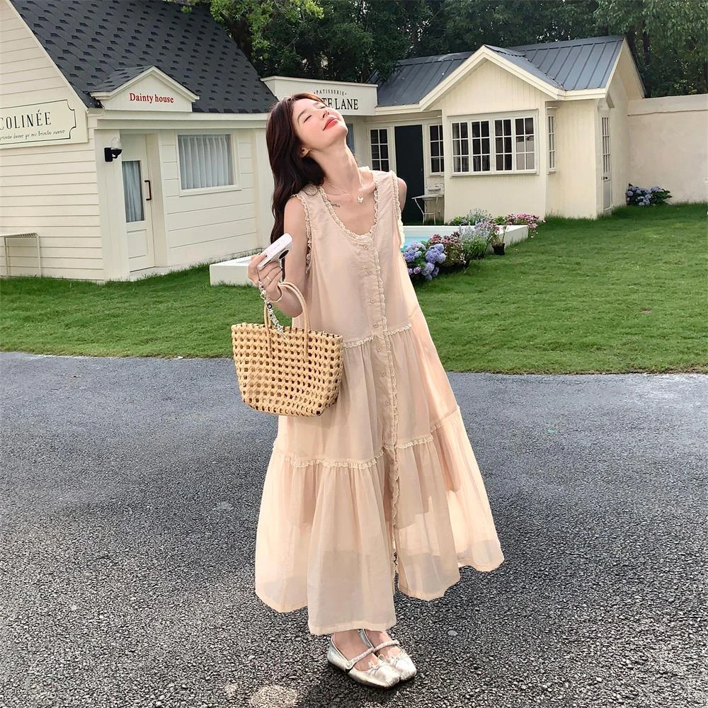 超漂亮裸粉色蕾丝拼接无袖背心连衣裙女夏法式温柔甜美A字大摆裙