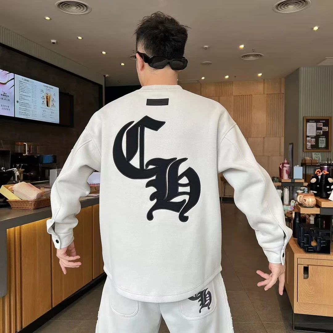 美式休闲圆领男装冬季新款加绒刺绣字母卫衣潮牌高克重加厚长袖