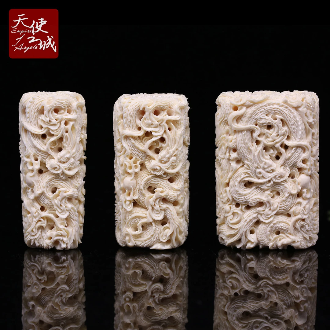 天然猛犸象牙龙牌吊坠精工满雕文玩手把件