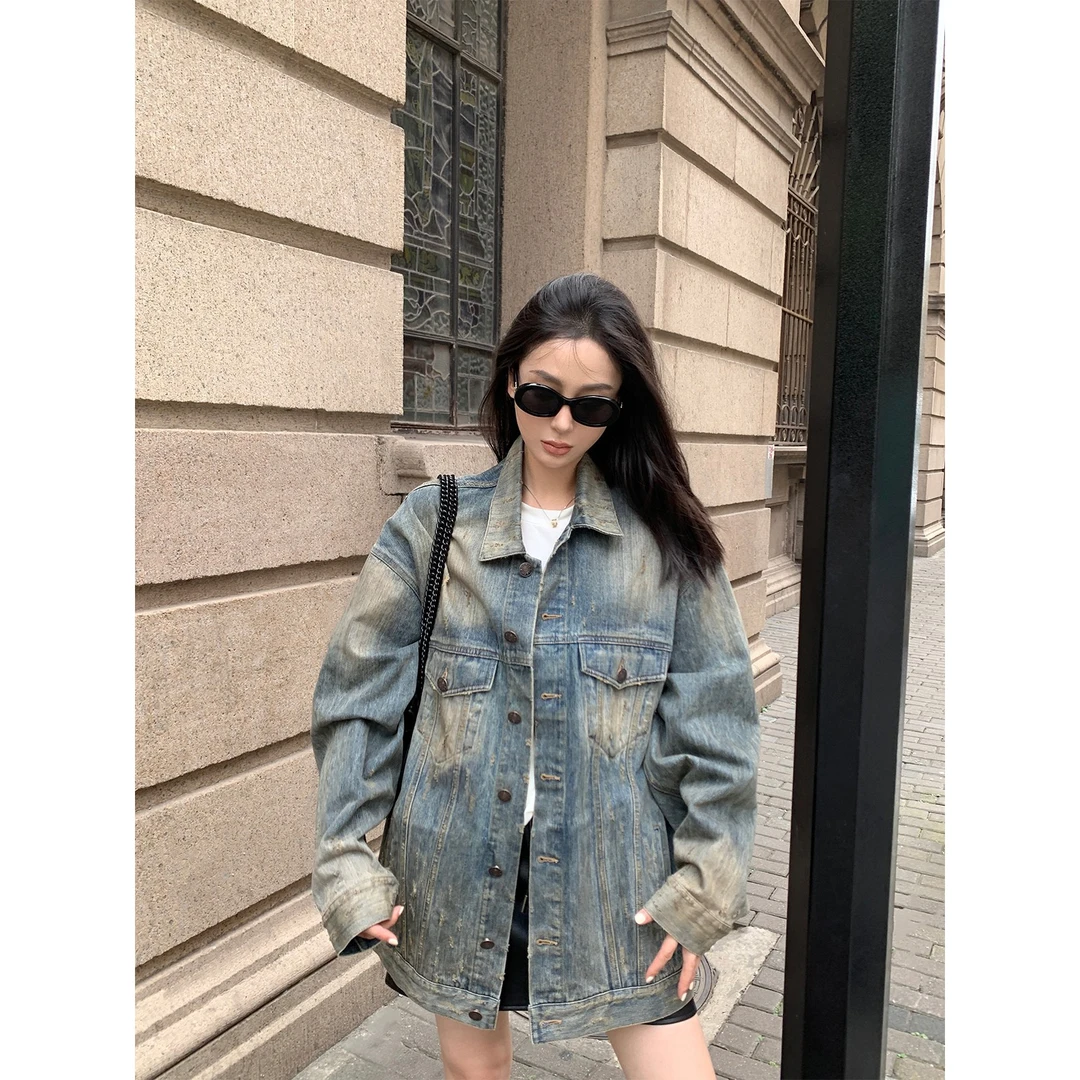周淼ZHOUMIAO重工水洗做旧做脏复古宽松廓形牛仔外套女ZM23N9094Y