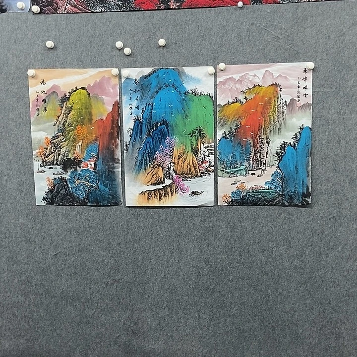 国画三副四尺三开泼彩山水一副