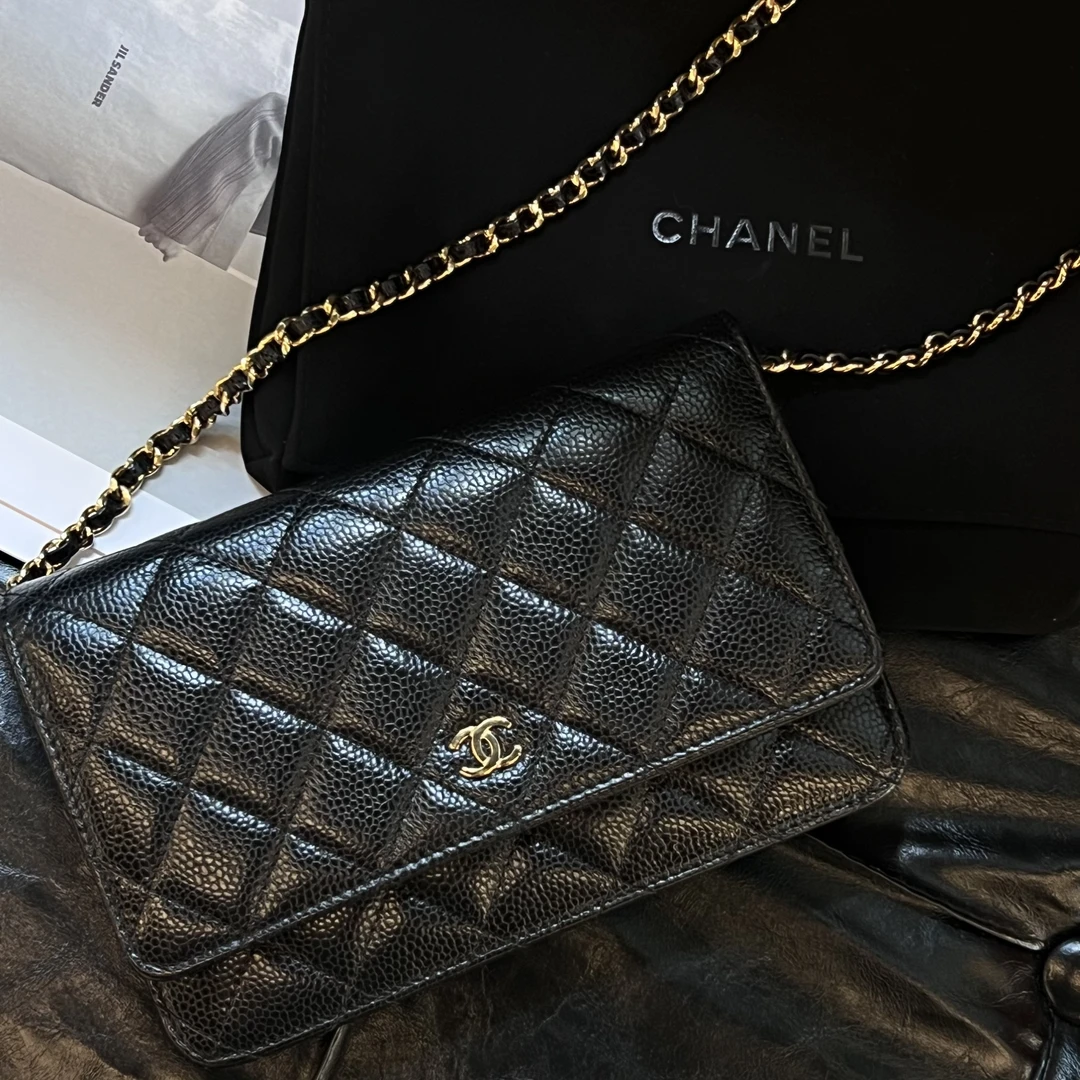 99新 Chanel/香奈儿 黑金荔枝牛皮 发财woc单肩斜挎包 芯片款