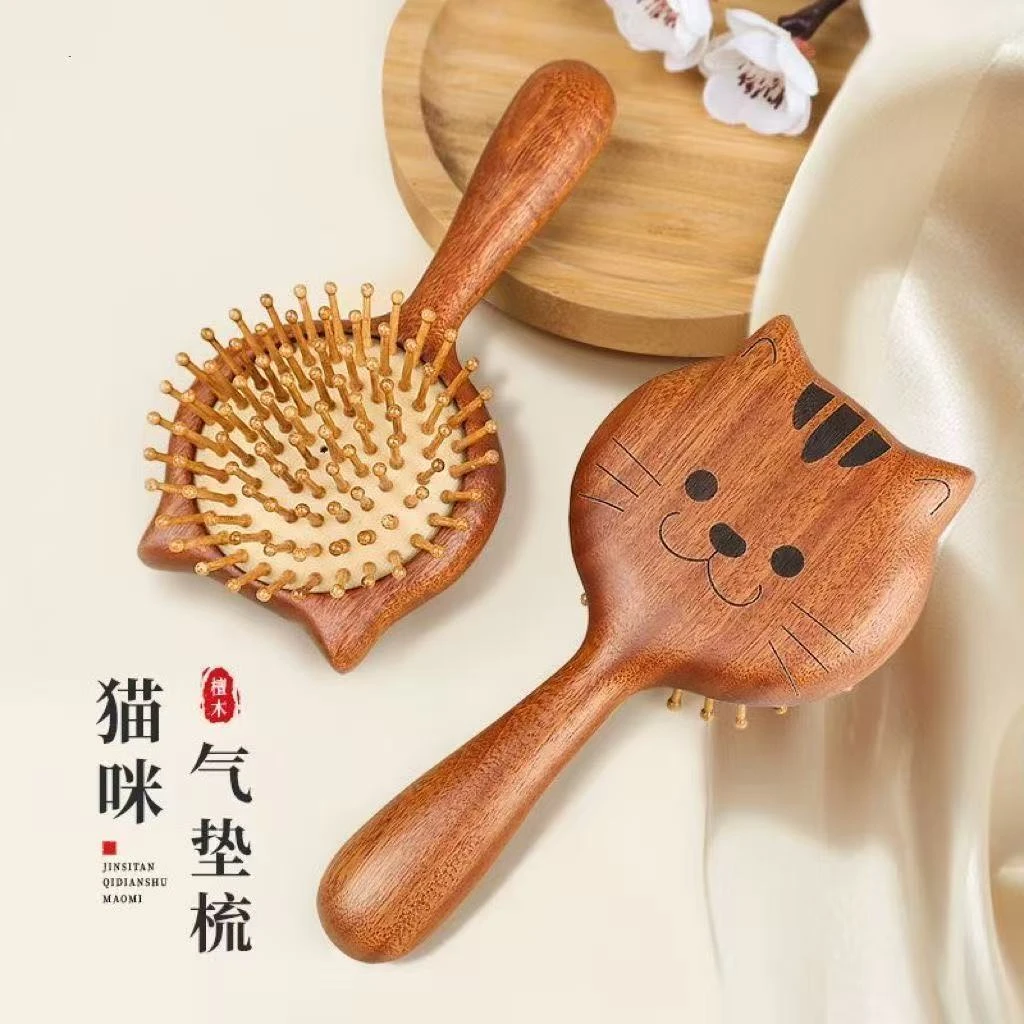 檀木可爱小猫气垫梳按摩梳便携镜子16*8cm