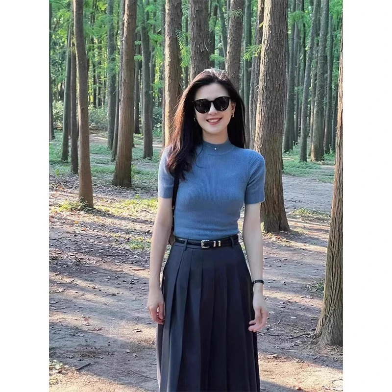 芊芊芙蓝色半高领短袖女夏季款针织冰丝内搭上衣修身正肩短款t恤