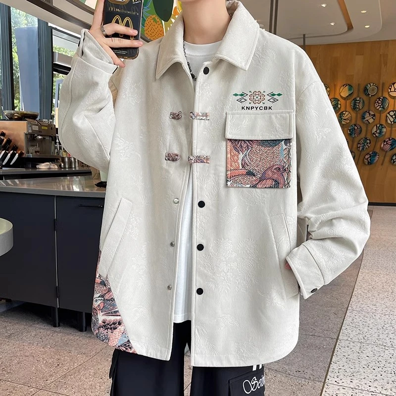 大码男装春秋季青少年外套男士国潮民族风高中学生翻领夹克帅气男