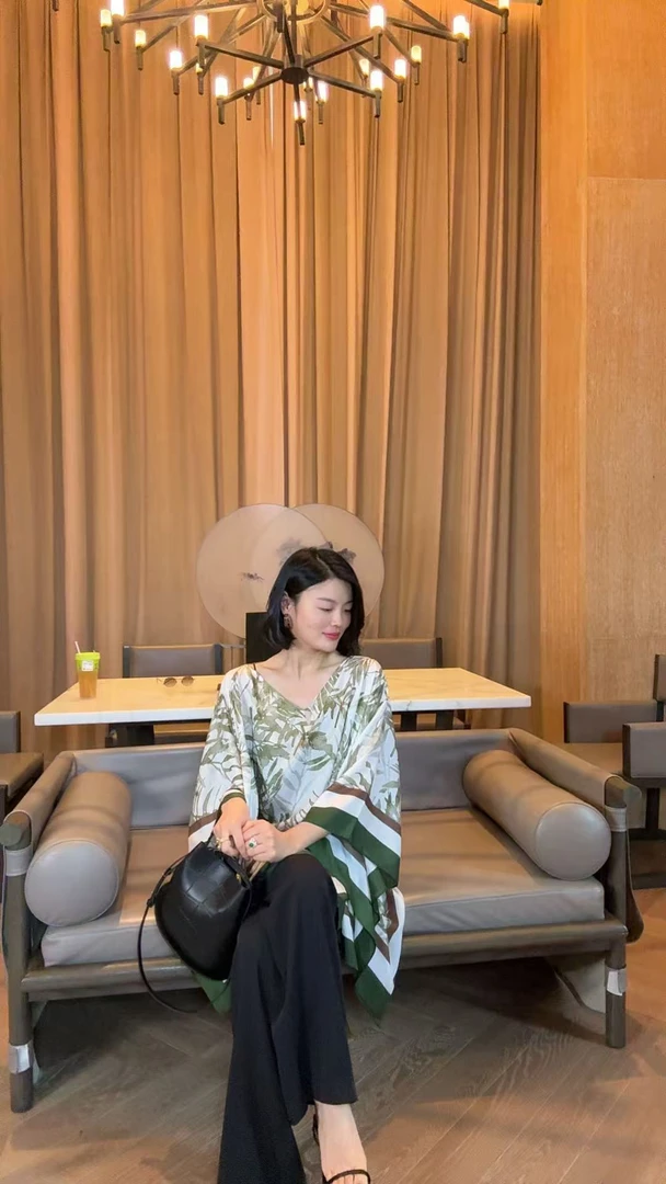 TANTAN  真丝 气质宽松绿色印花T恤1913