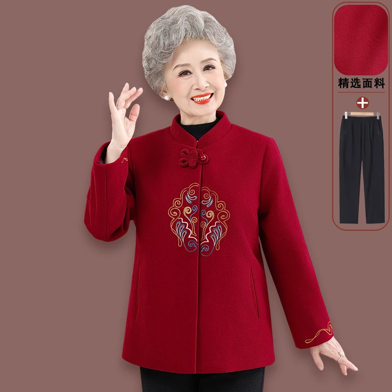 老年人秋冬毛呢保暖外套女妈妈装婚礼服老人生日奶奶红色唐装大衣