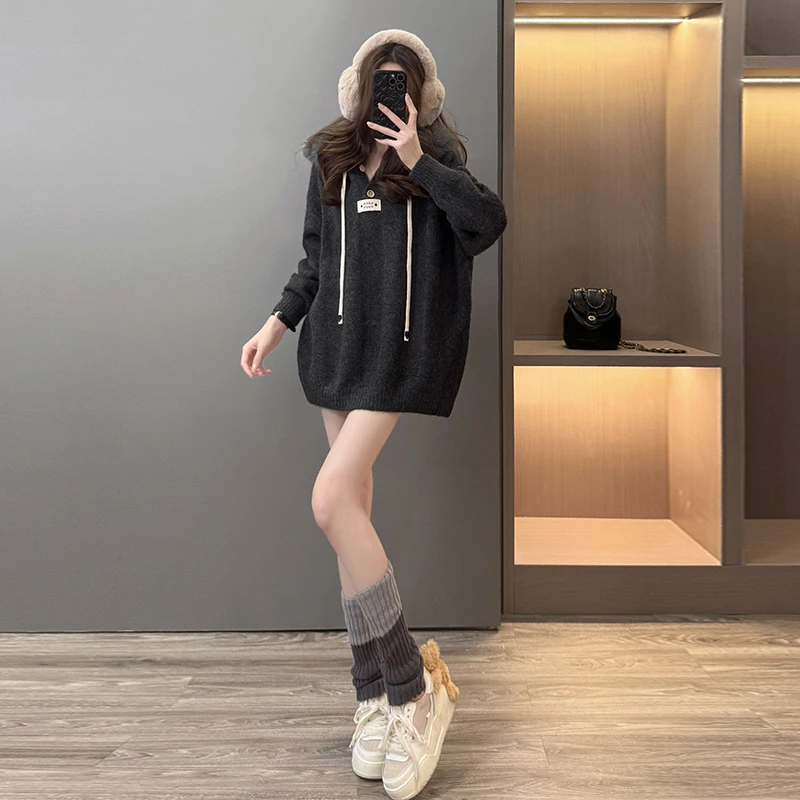 2025秋冬慵懒风针织冬季中长款连帽毛针织衫时尚加厚秋季大码外套