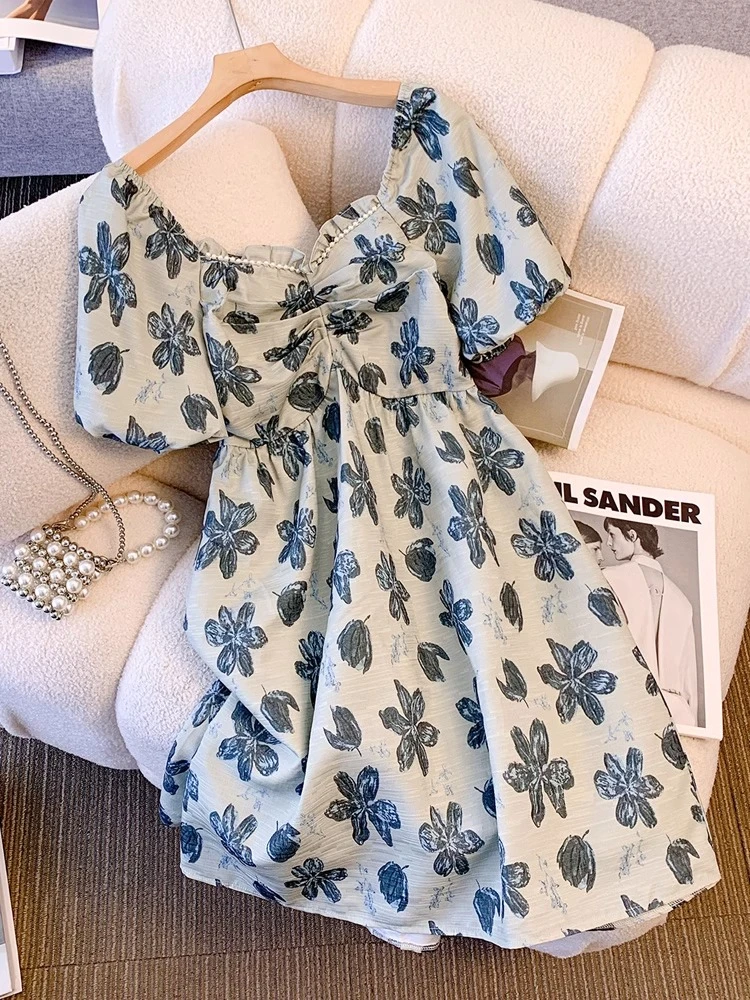 8508夏季新款小个子显高可甜可盐泡泡袖碎花连衣裙洋气短裙子