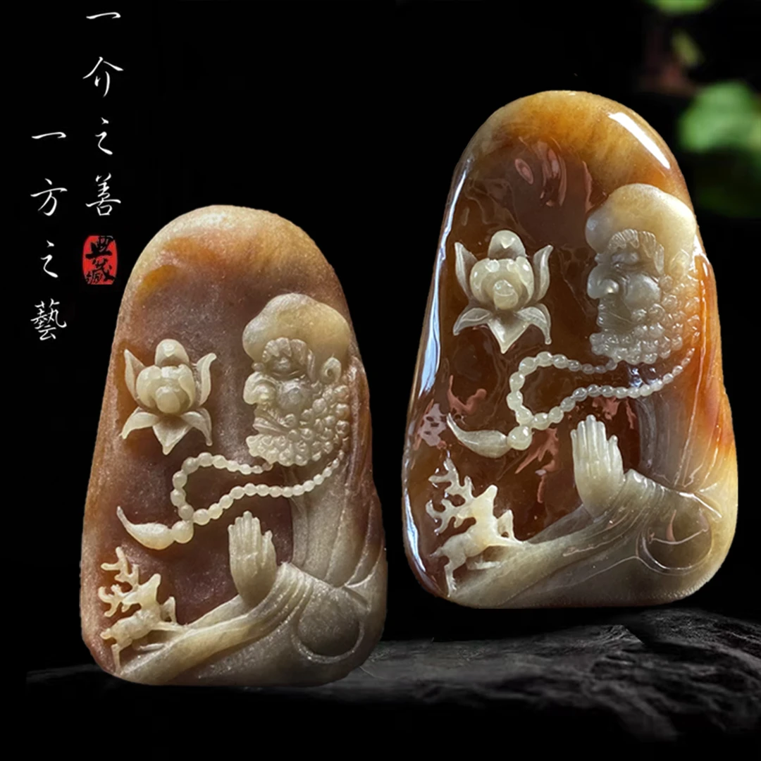【已结缘】恒荣翡翠工作室定制展示：糯冰红褐色《菩提达摩》毛货精修