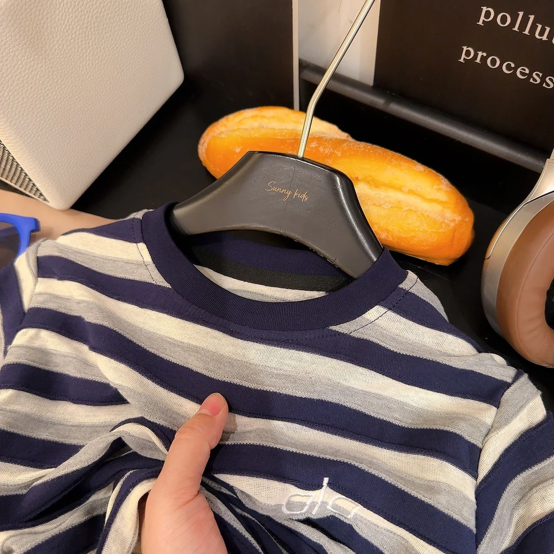 秋季新款儿童假两件长袖T恤男童休闲条纹打底衫中大童宽松上衣