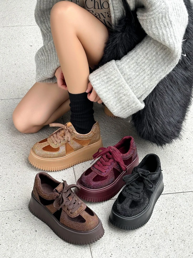 厚底水钻女板鞋春秋新款松糕底加绒老爹鞋