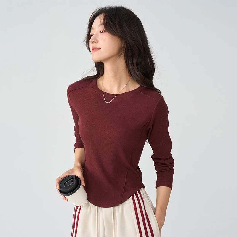 XVRV【胜利专属】2025美式小心机显瘦长T鱼骨收腰内搭长袖圆领上衣