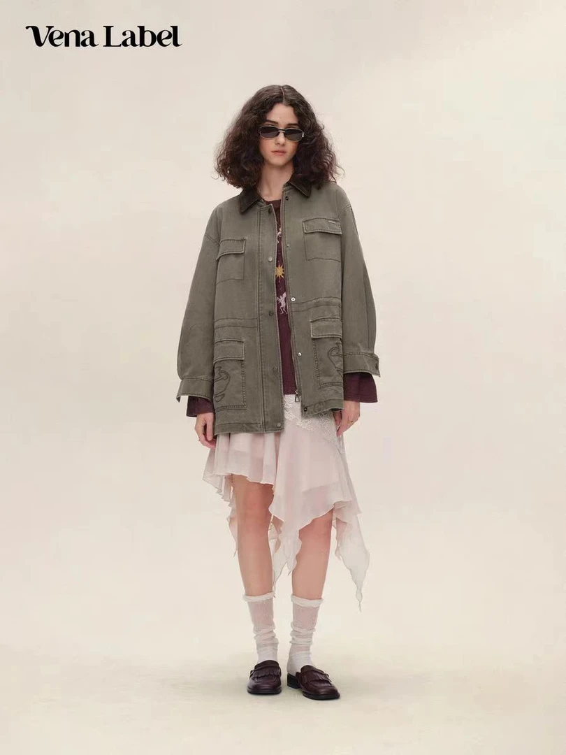 Vena Label水洗棉布刺绣外套女25FW秋季新款复古宽松休闲夹克上衣