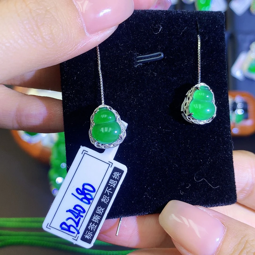 翡翠耳饰银S925镶嵌天然翡翠耳线