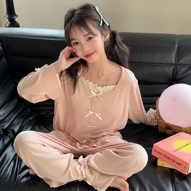 儿童睡衣女童春秋长袖莫代尔花边家居服6-12岁女孩可爱蝴蝶结套装