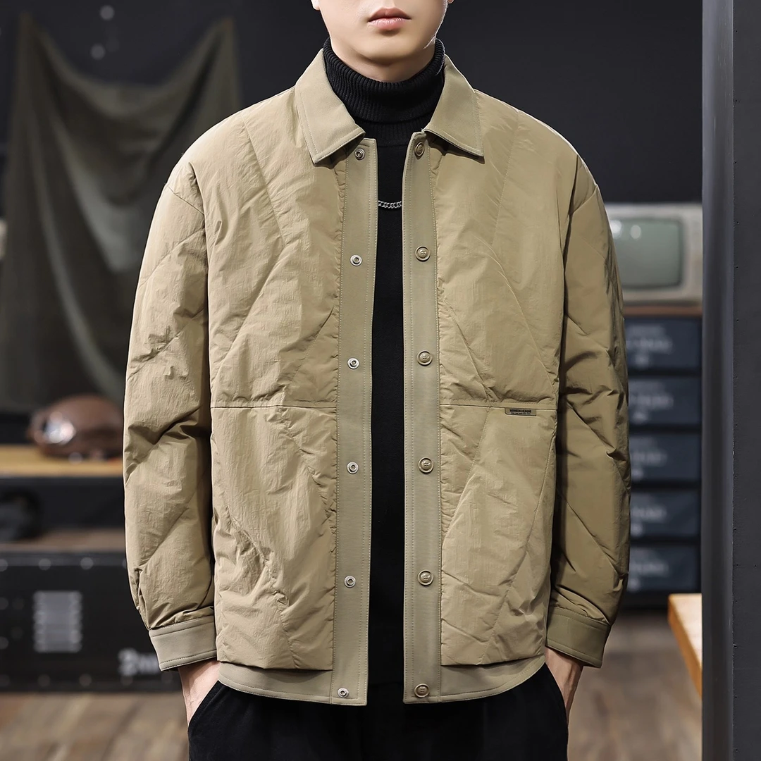 美式高端复古轻薄羽绒服男冬季新款90白鸭绒保暖衬衫式翻领外套潮
