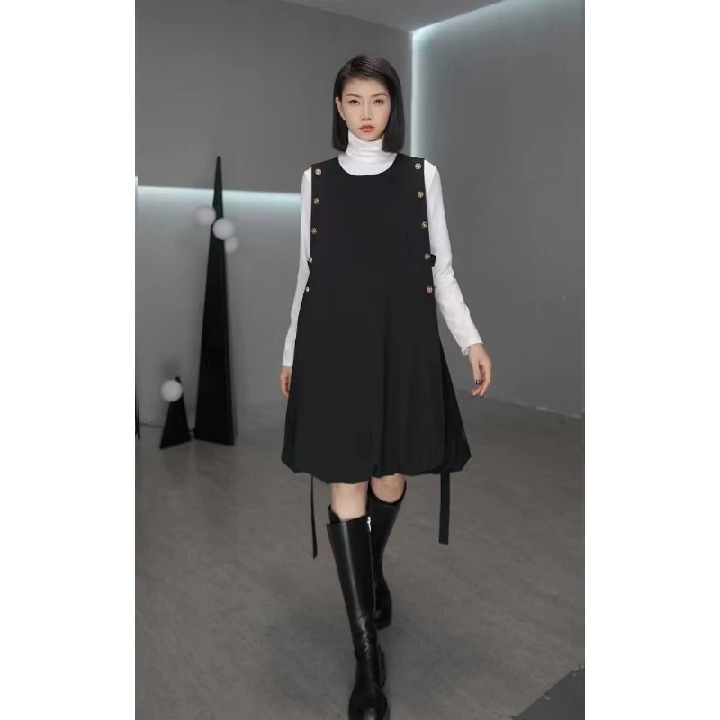 鑫鑫原创港味双排扣无袖马夹裙春季新款a字花苞背心连衣裙女1951