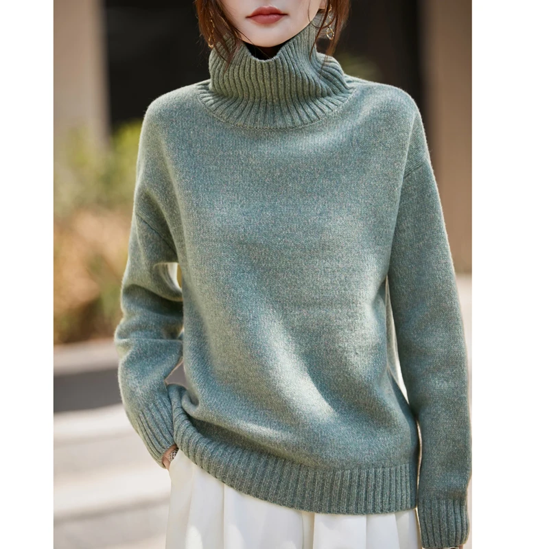 100%澳洲羊毛慵懒简约羊毛衫百搭高翻领女士针织衫三股加厚打底衫