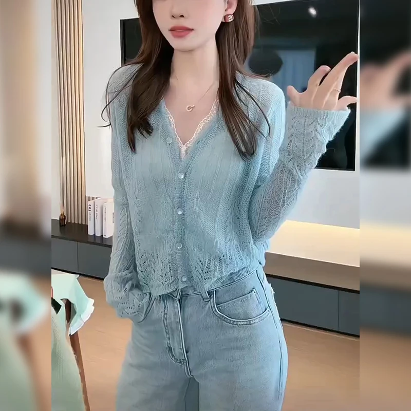 针织开衫女夏季新款薄款透气v领防晒外套小众衣服简约洋气上衣潮