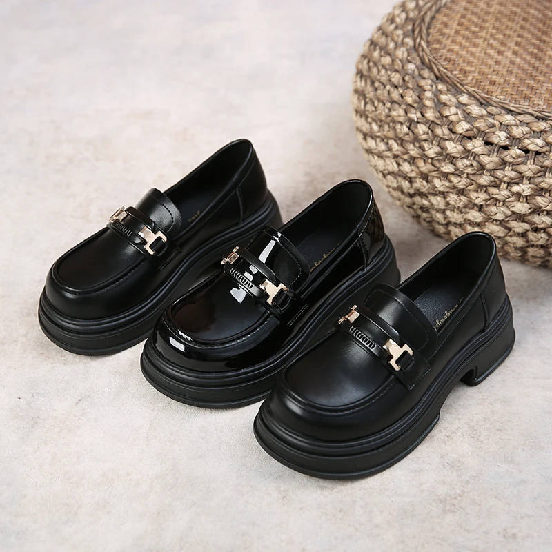 时尚百搭黑牛皮复古厚底英伦风系带春秋休闲春季粗跟乐福鞋&6602