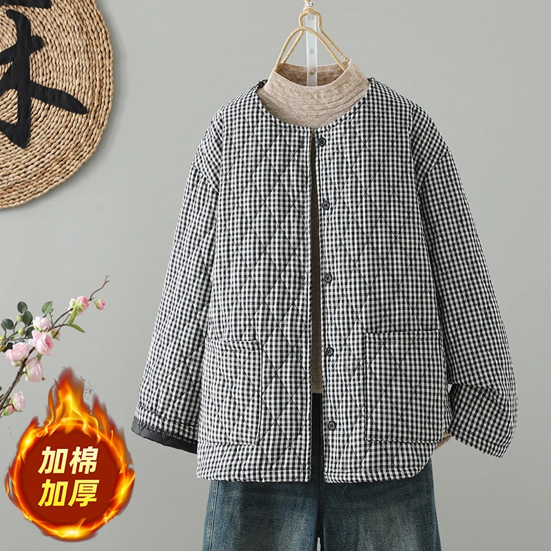 文艺简约黑白格纹长袖排扣夹棉圆领棉衣棉服女式宽松加厚保暖外套