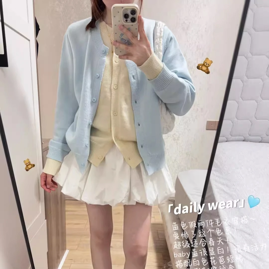 高级撞色假两件针织衫女春秋季新款外搭上衣韩系穿搭毛衣外套开衫