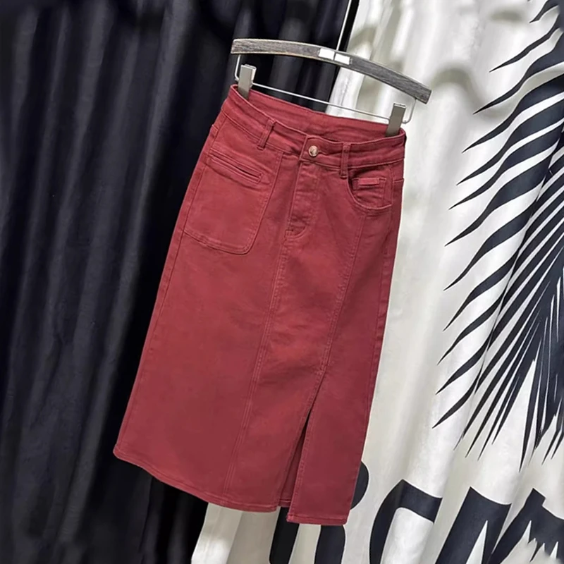 2025新款设计感安哥拉红牛仔半身裙女春秋季开叉显瘦包臀中长裙子