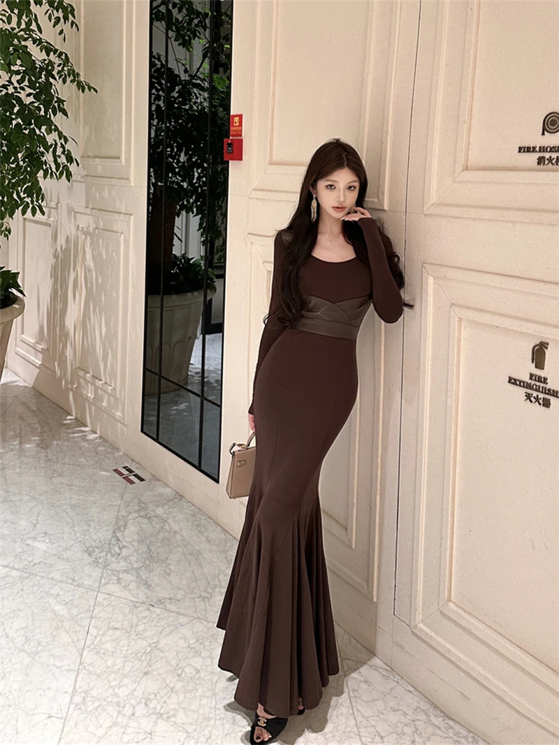 法式秋冬款性感步步生莲高腰显瘦气质修身包臀鱼尾裙连衣裙长裙女