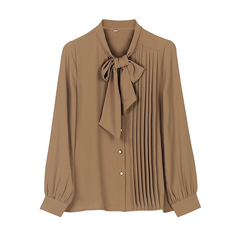 【独设甄选】洋气减龄系带百褶衬衫2025新款衬衣显瘦百搭上衣6605