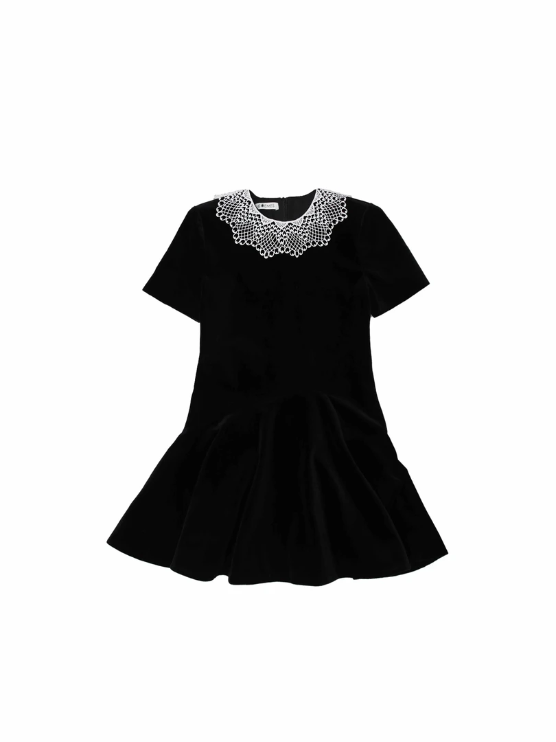 COEMES 设计师品牌 2025春季新款蕾丝花边领黑色丝绒短袖连衣裙女