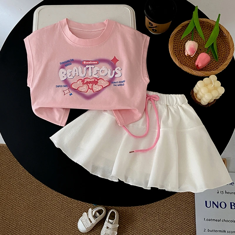 时尚女童背心套装薄款女孩印花T恤夏季时髦上衣纯棉短裙两件套