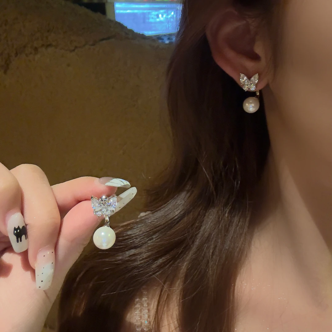 铜合金锆石耳饰 夏日百搭两戴闪锆蝴蝶珠珠耳环女气质耳针耳饰