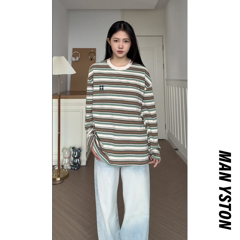 美式195g重磅无帽百搭卫衣春秋季青少年宽松休闲体恤内搭条纹上衣