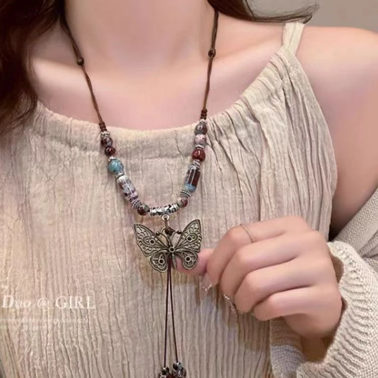 钛钢陶瓷吊坠 新中式民族风蝴蝶项链小众古风长款编织配饰项链