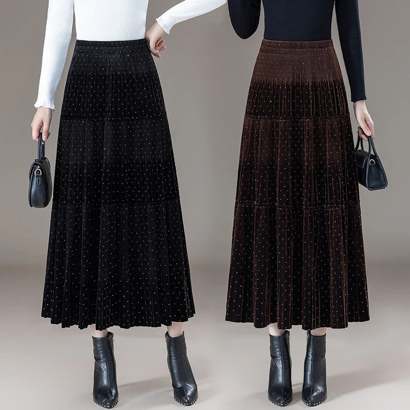 植绒波点烫钻松紧腰伞裙女秋冬季新款时尚高级感宽松半身长裙1056