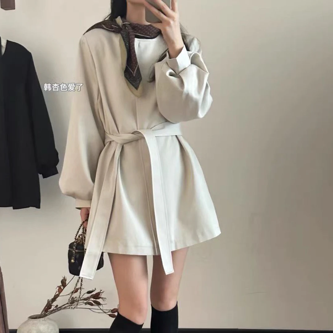 高级感韩版气质圆领系带风衣女中长款2025新款风衣外套女小个子