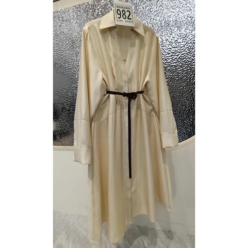 连衣裙V领宽松极简风褶皱系带气质套头设计师982