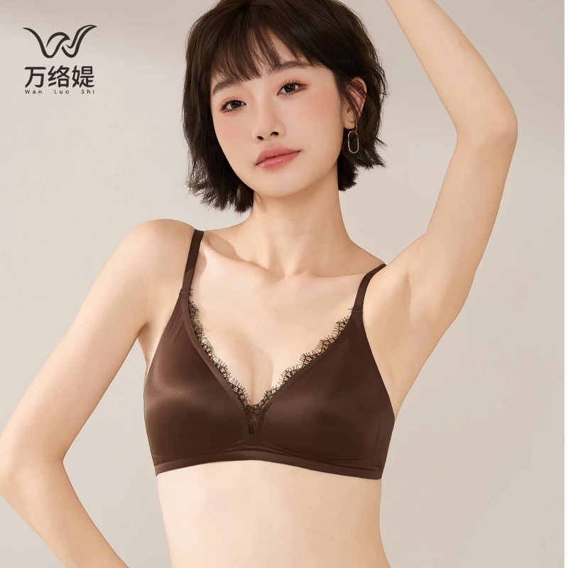 万络媞B57珠光缎面蕾丝显瘦百搭慵懒女士小胸三角杯内衣文胸