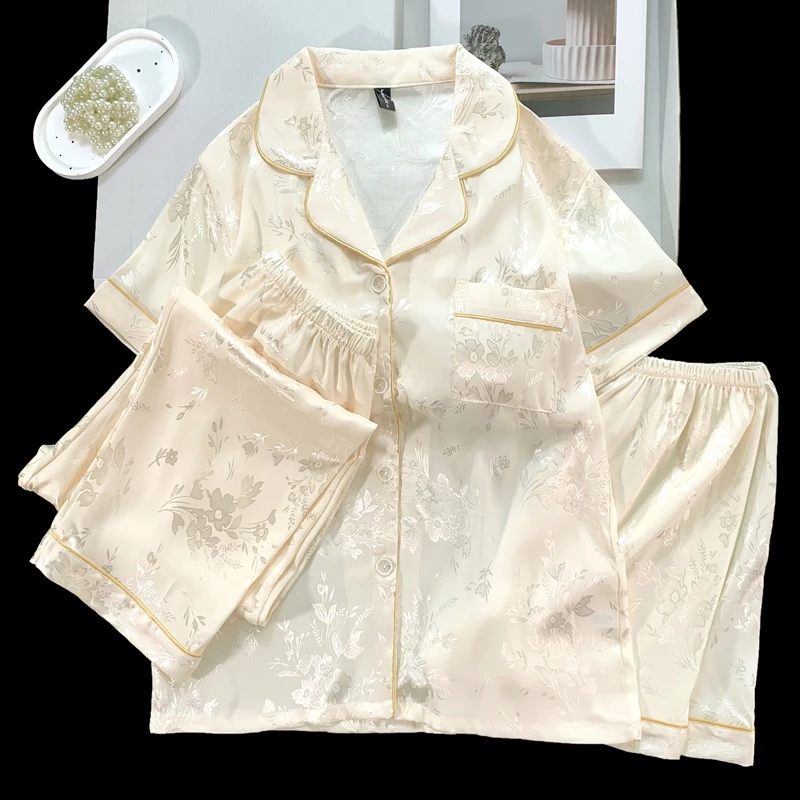 睡衣女款爆款2025新款夏季带胸垫冰雪丝国风冰丝三件套家居服套装